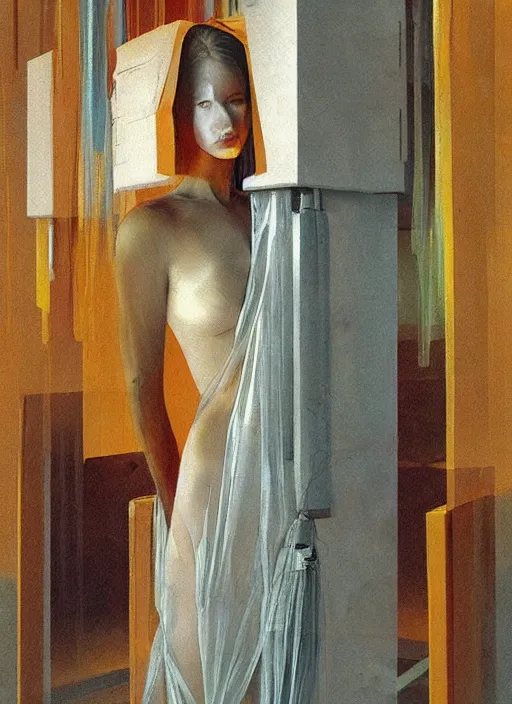 Prompt: beautiful cyberpunk woman in a translucent clothing made from plastic bag with paper bags for clothes standing inside paper bags with paper bag over the head at store display Edward Hopper and James Gilleard, Zdzislaw Beksinski, highly detailed