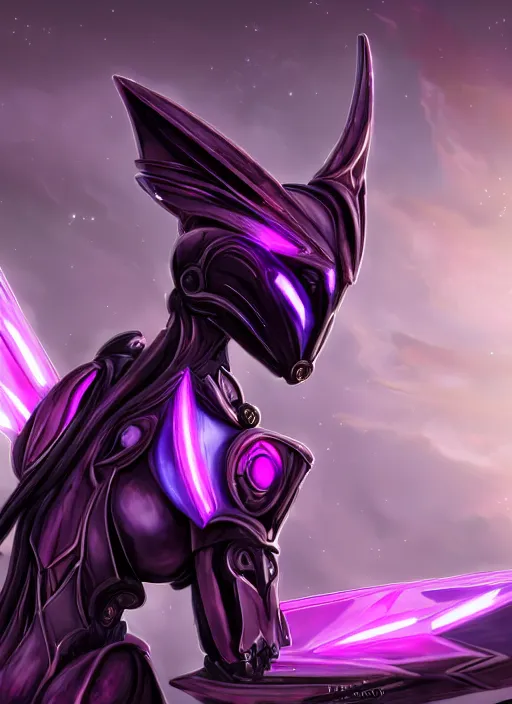 Image similar to cinematic close shot, galactic sized proportional stunning beautiful hot female warframe goddess, sleek robot mecha dragon head, metal ears, led purple eyes, smooth fuschia skin, smooth silver armor, floating in space, holding a galaxy, epic proportions, epic detail, furry art, dragon art, giantess art, warframe fanart, furaffinity, octane