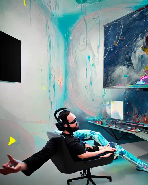 Image similar to a man reclines in a gaming computer chair weargin a vr headset and headphones holding a game controller, in a domestic interior filled with screens by james jean and luc tuymans and beeple and hernan bas and pat steir and hilma af klint, psychological, 3 d, dripping paint, high quality render, masterpiece