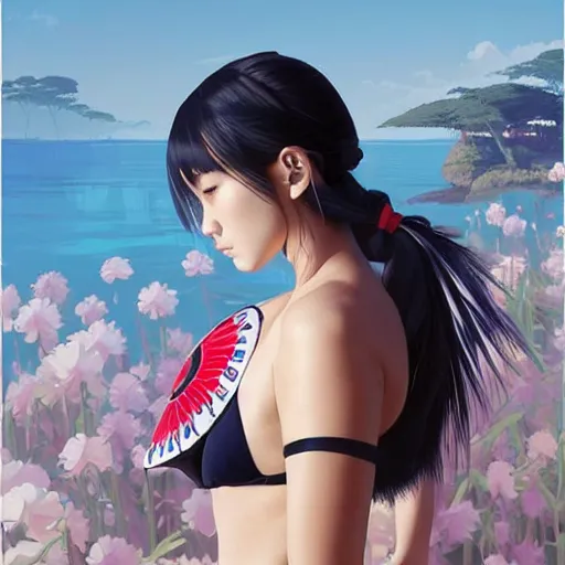 Image similar to a beautiful young japanese natalie portman alluring gravure model, stylized concept art, wearing elegant designer bomber jacket and one piece bikini, bomber jacket with mesoamerican patterns, mesoamerican native street fashion, princess mononoke, painted by ilya kuvshinov aesthetic, gorgeous, stunning, alluring, attractive, artstation, pinterest, digital art