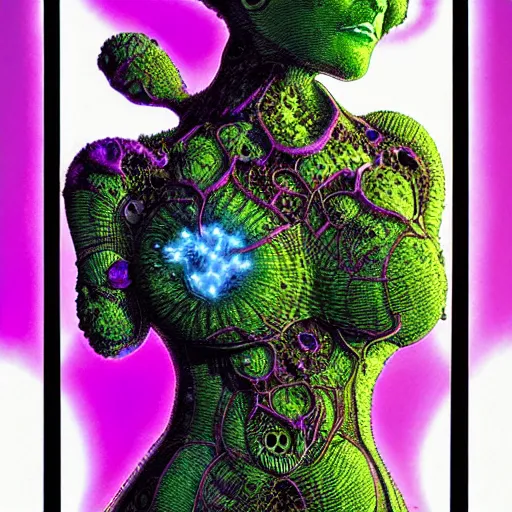 Image similar to sleek highly evolved biomechanical nubile phyrexian dreadnought pregnant borg queen hybrid dotted with small fractal lichens and fungal growth being possessed by the machine spirit, artists mœbius and philippe caza with beryl cook and jack kirby, high contrast cinematic light, mystical shadows, sharp focus, octane render