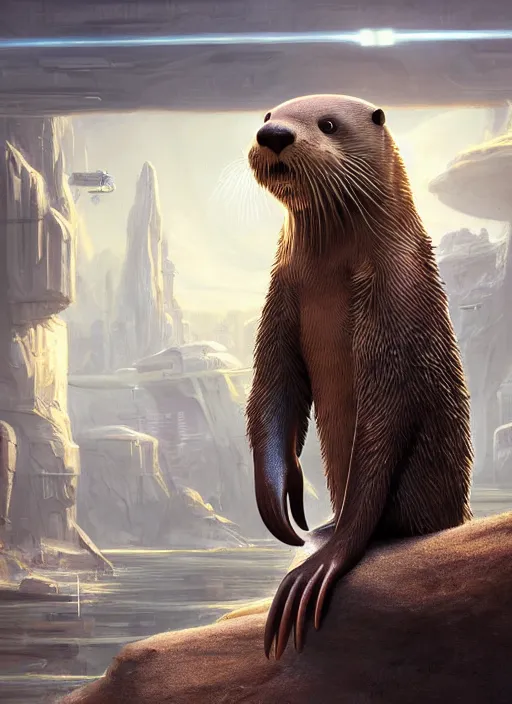Image similar to portrait, anthropomorphic otter wearing Jedi robes in a futuristic river town. Dramatic lighting, cinematic, establishing shot, extremely high detail, photo realistic, post processed, artstation, matte painting, style by eddie mendoza, raphael lacoste, alex ross