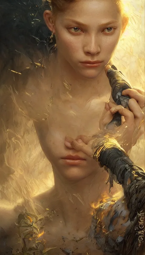 Image similar to epic masterpiece portrait firestarter, sweaty skin, hyperrealistic, octane render, cinematic, beautiful face and flawless skin, perfect hands, 5 fingers, by Edgar Maxence and Ross Tran and Michael Whelan, Legends of Runeterra