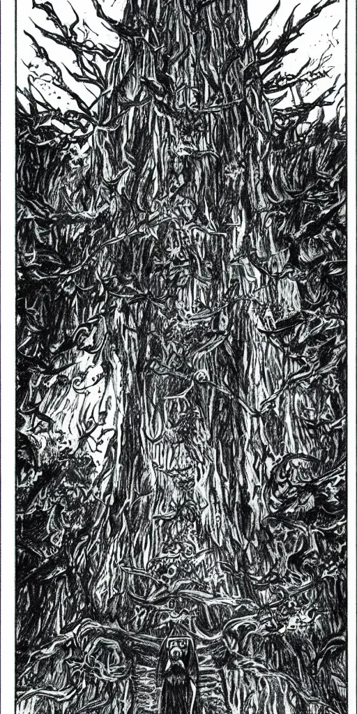 Image similar to a dark tower on a hill surrounded by a dark forest , high fantasy, drawn by Kentaro Miura, Tarot card