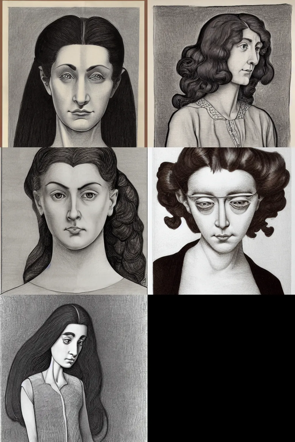 Prompt: an hd drawing of a woman by m. c. escher. she has straight long dark brown hair, parted in the middle. she has large dark brown eyes, a small refined nose, and thin lips. she is wearing a sleeveless white blouse, a pair of dark brown capris, and black loafers.