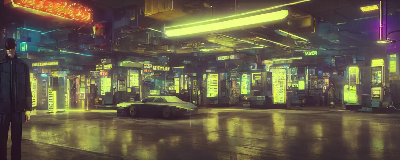 Image similar to a scene from the matrix that takes place in a gas station in the night time, vaporwave aesthetic, neon signs, superliminal 8 k uhd, unreal engine, octane render in the artstyle of finnian macmanus, john park and greg rutkowski