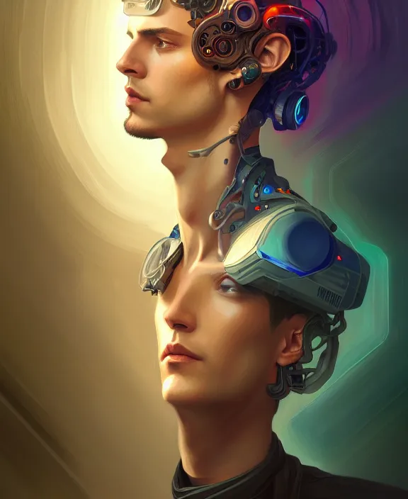 Image similar to a whirlwind inside the metaverse, guy, male, man, hologram, half body, neurochip, android, cyborg, cyberpunk face, by loish, d & d, fantasy, intricate, elegant, highly detailed, colorful, digital painting, artstation, concept art, art by artgerm and greg rutkowski and alphonse mucha