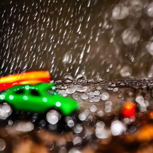 Image similar to macro photography of a toy hot wheels car driving through a creek in the rain, 3 5 mm