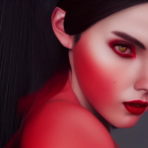 Prompt: portrait of a woman with long black hair and red eyes, wearing a red dress, 8k, close up shot, detailed face, beautiful, octane render, dark lighting, artstation, artgerm, rutkowski, high quality, depth of field, dark colors,