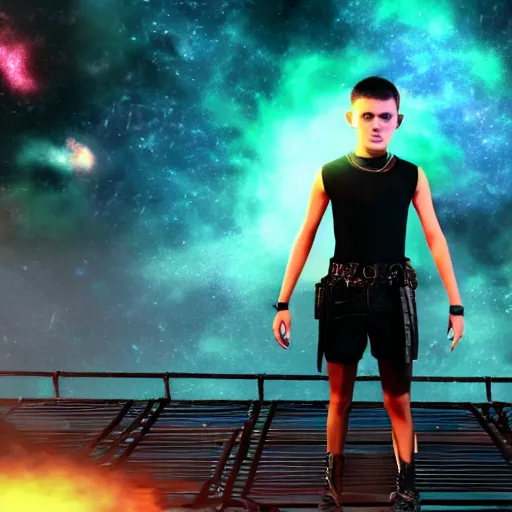 Image similar to A caucasian teenage boy wearing a black mesh crop top and black shorts standing in a mad max cage. The boy is surrounded by a colorful nebula. Cyberpunk, Digital Art, unreal engine 5, 50mm, f2.8