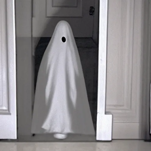 Prompt: a ghost peeks around a doorway, horror, home video