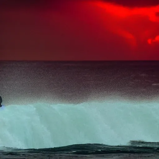 Image similar to the last man is standing hip deep in wild ocean waves with wild flashing neon lights in the sky