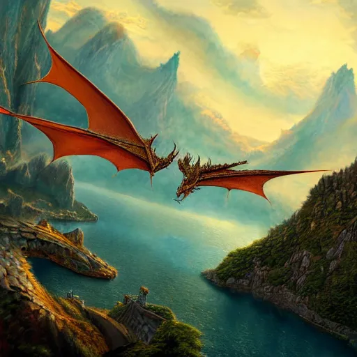 Image similar to the dragon smaug flying over lake town from the hobbit highly detailed, digital painting, concept art, sharp focus, by makoto shinkai