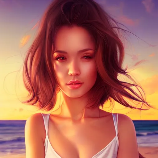 Image similar to portrait of beautiful woman on the beach, brown eyes, sunset, highly detailed, by wlop, rossdraws, artgerm.