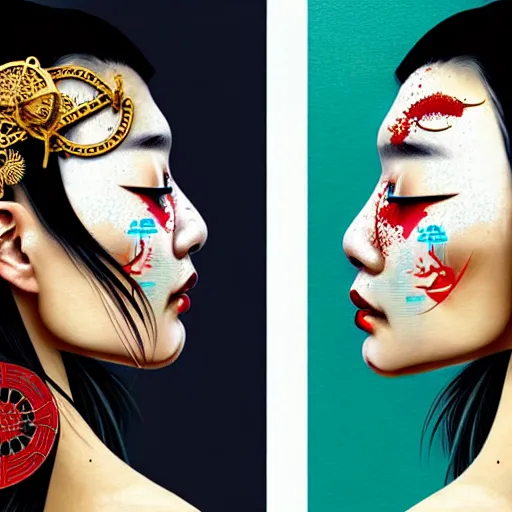 Image similar to portrait and side profile of a chinese woman :: side profile :: in ocean :: clockwork details :: gold :: blood and horror :: by vikings and Sandra Chevrier