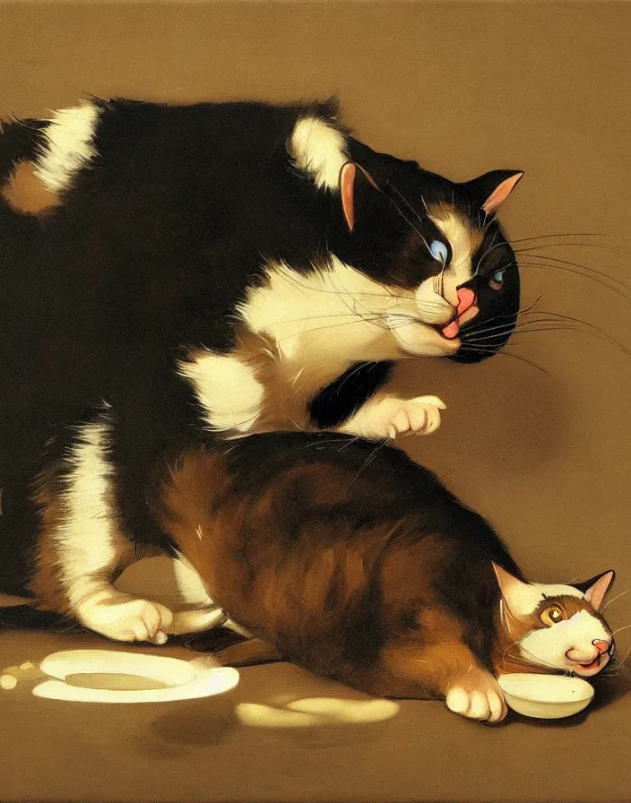 Prompt: a fat cat trying to catch a mouse , Painting, Artstation, by Caravaggio Michelangelo Merisi