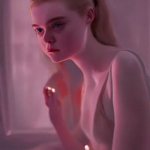 Image similar to Elle Fanning gazing in a mirror, pitch black room, extremely detailed masterpiece, oil on canvas, low-key neon lighting, artstation, Blade Runner 2049, Roger Deakin’s cinematography, by J. C. Leyendecker and Peter Paul Rubens,