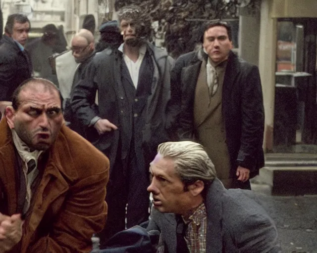 Prompt: in this scene from the modern hbo miniseries / the outfit /, a supernatural mafia crime thriller about magical monster - hunting mafiosi in 9 0 s philadelphia, we see a man become a strange monstrous ephemeral spirit of rage in front of an unimpressed mob capo. hd 8 k film photography, richard corben and cronenberg - esque.