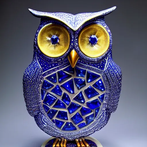 Prompt: symmetrical detailed sculpture of an owl, made of Shimmering Sapphire