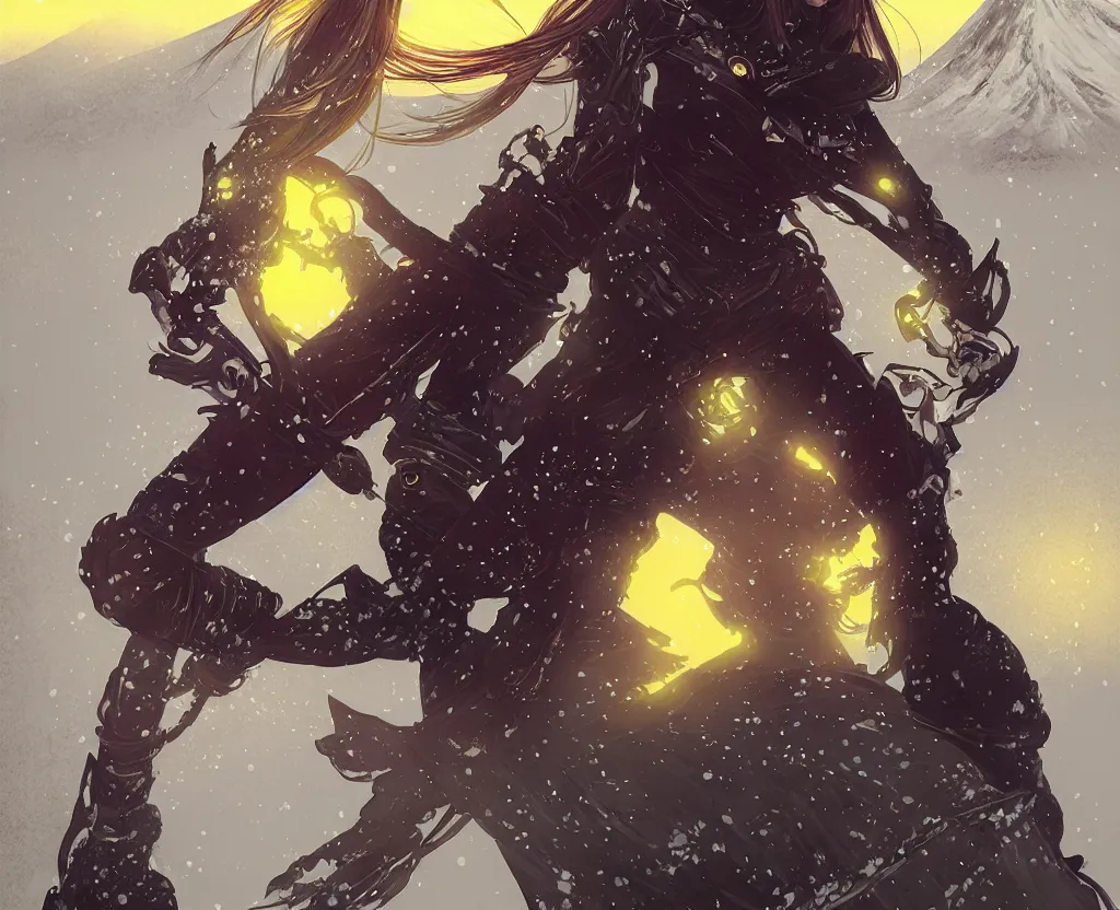 Image similar to portrait ninja gaiden girl, black plus little yellow ninja wardrobe, at snowy fuji mountain sunrise, ssci - fi and fantasy, intricate and very very beautiful, detailed, digital painting, artstation, concept art, smooth and sharp focus, illustration, art by tian zi and wlop and alphonse mucha