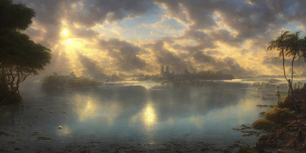 Prompt: a beautiful painting of a A paradisiacal landscape of a sea lagoon and city built on water, rays of light illuminating the water by John Howe, Trending on Artstation, Landscape vista