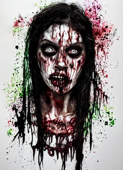 Image similar to black zombie hollywood artwork professional acting headshot, hyperrealism, intricate detail, studio lighting, charming expression gesicht, hauntingly beautiful zombie, watercolor art, epic, legendary, drawn and painted, colored layers, dulled contrast, exquisite fine art, splatterpaint