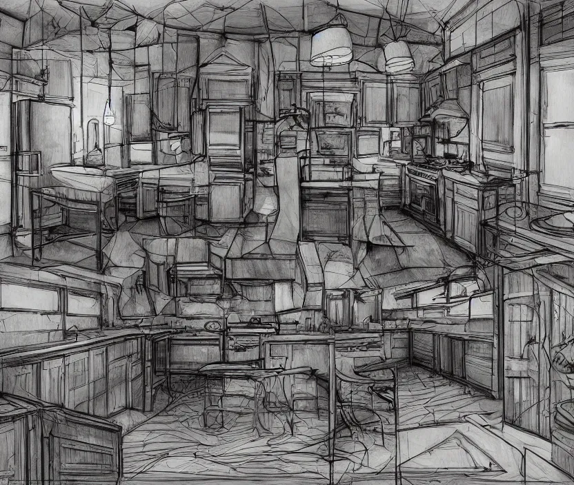 Image similar to An of interior of a kitchen at night, rotoscoped, rotoscope, photoshop, photomanipulation, realism, painting, illustration and sketch, weird scribbles, hybrid styles, hybrid art styles, mismatched, trending on artstation, trending on deviantart, weird, quirky, interesting, very detailed, highly detailed, HD Quality, 4k resolution, 8k resolution, in the style of David Firth, in the style of James Lee, in the style of Drue Langlois,