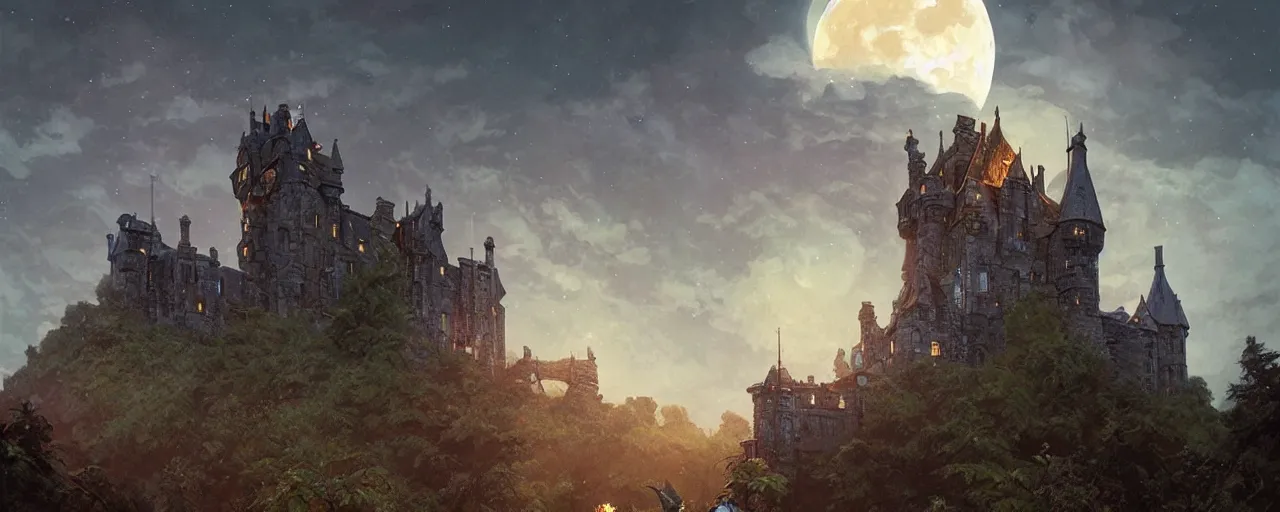 Prompt: a huge moon setting over a scottish castle, trees, fantasy, intricate, cinematic lighting, highly detailed, digital painting, artstation, concept art, smooth, sharp focus, illustration, art by artgerm and greg rutkowski and alphonse mucha