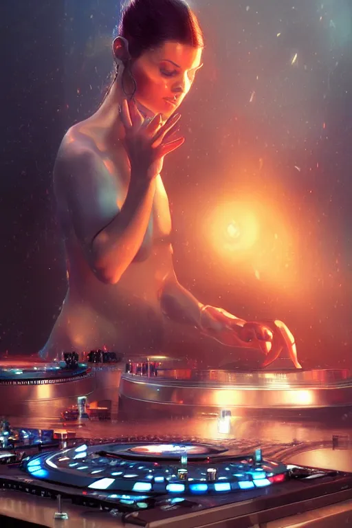 Image similar to a centered photo of the most complicated and technical dj equipment being played by a mystical being, powerful, cinematic, beautifully lit, by artgerm, by karol bak, 3 d, perfect face and body, trending on artstation, octane render, 8 k