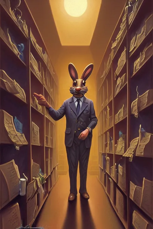 Prompt: classic oil painting, an anthropomorphic bipedal rabbit that is dressed as a police detective, as a dnd character, inside the evidence room, cottagecore, highly detailed, digital illustration, concept art, smooth, sharp focus, art by tim hildebrandt, and greg hildebrandt