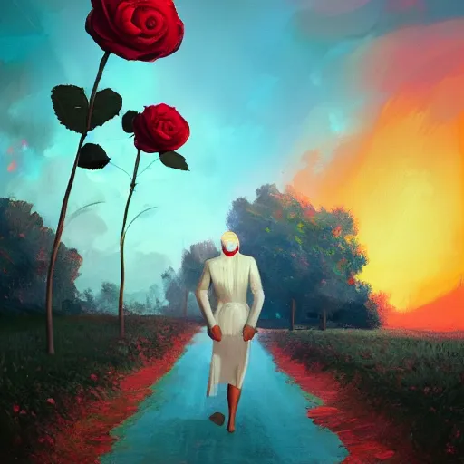 Image similar to portrait, giant rose flower head, girl walking in a suit, surreal photography, sunrise, blue sky, dramatic light, impressionist painting, digital painting, artstation, simon stalenhag