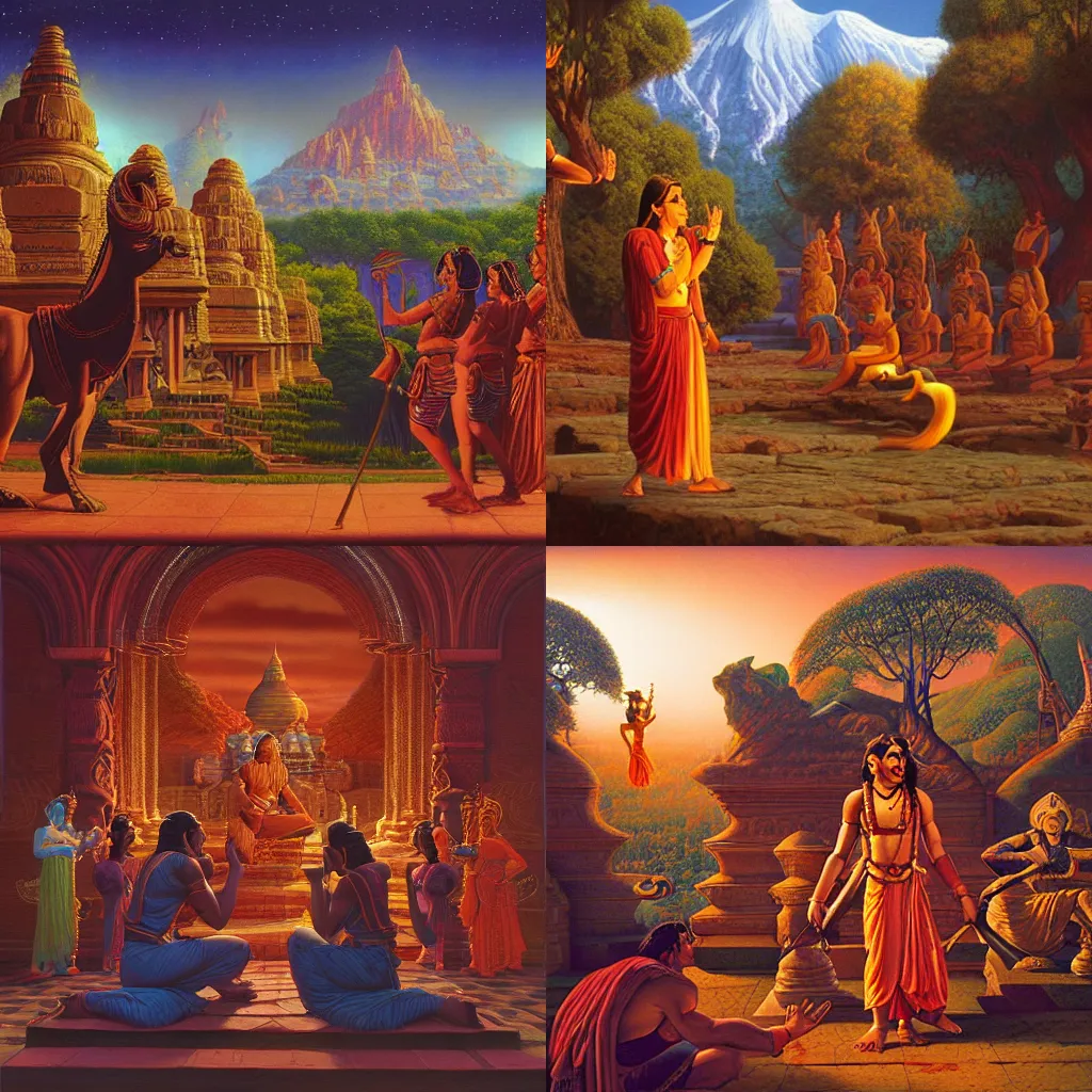 Prompt: a cinematic scene from Ramayan, by Tim Hildebrandt, by David A. Hardy, by Filip Hodas, oil on canvas,