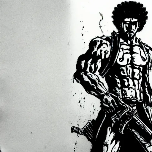 Prompt: snake from metal gear solid dressed as afro samurai, 35mm grainy film photography