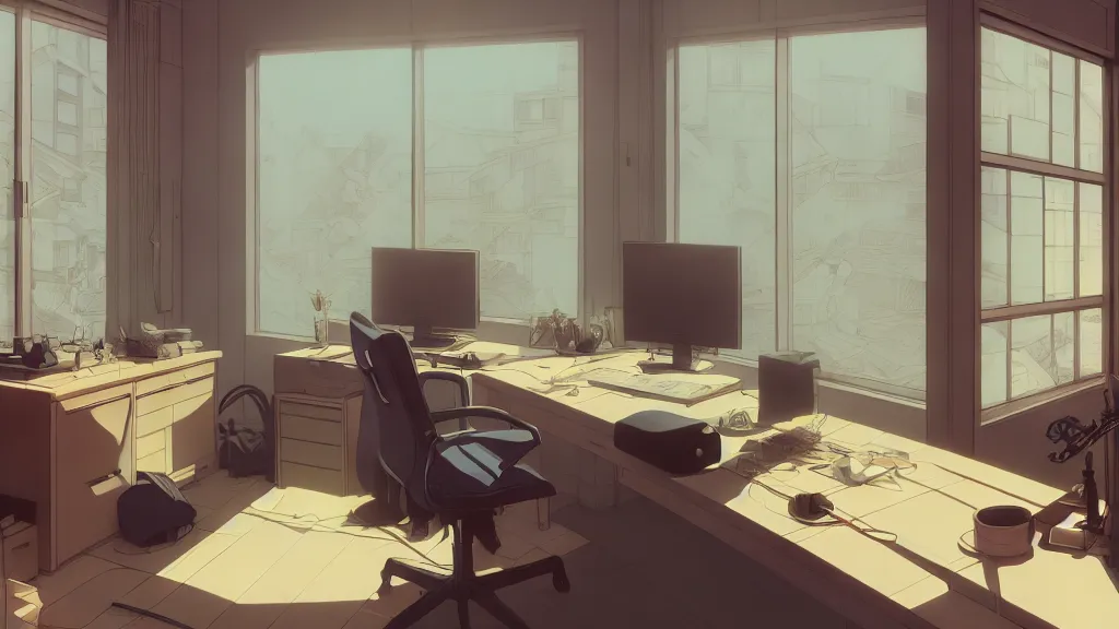 Prompt: interior of a home office, dynamic shadows, dynamic lighting, ilya kuvshinov, kyoani, hiroaki samura, yoshinari yoh, james jean, katsuhiro otomo, erik jones, cel shaded, anime poster