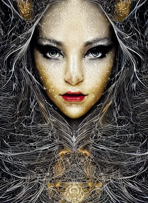 Image similar to glowing silver and golden elements, full close-up portrait, vector dark witch from unsplash, book cover, green forest, white moon, red lips, establishing shot, extremly high detail, photo-realistic, cinematic lighting, pen and ink, intricate line drawings, by Yoshitaka Amano, Ruan Jia, Kentaro Miura, Artgerm, post processed, concept art, artstation, matte painting, style by eddie mendoza, raphael lacoste, alex ross