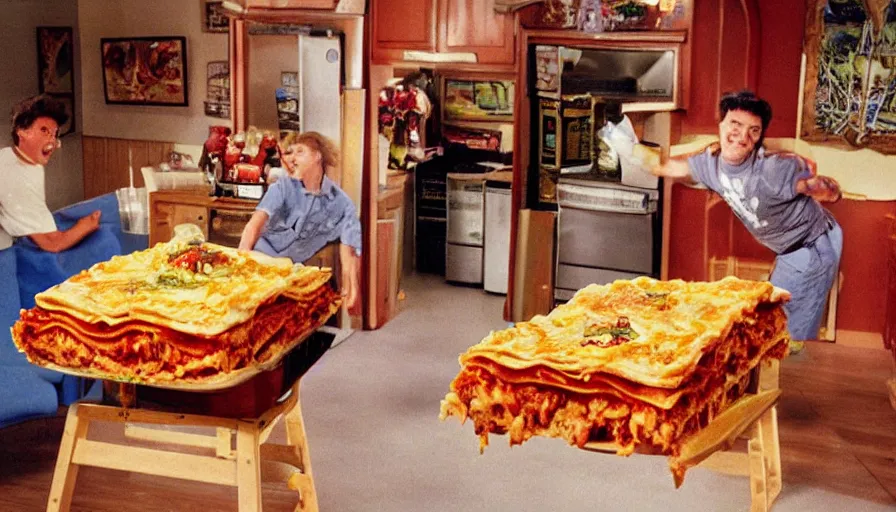 Prompt: 1990s photo of inside the Garfield Mystery Lasagna ride at Universal Studios in Orlando, Florida, riding a plate of Lasagna with Garfield through a living room filled with tons of food, cinematic, UHD
