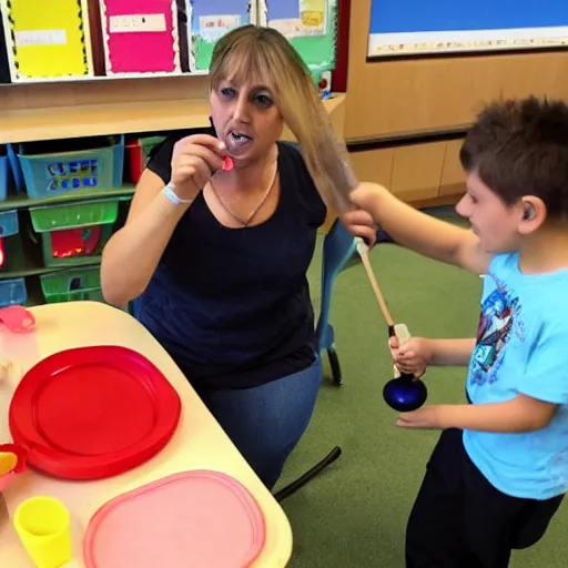 Prompt: A kindergarten teacher demonstrating how to use a bong