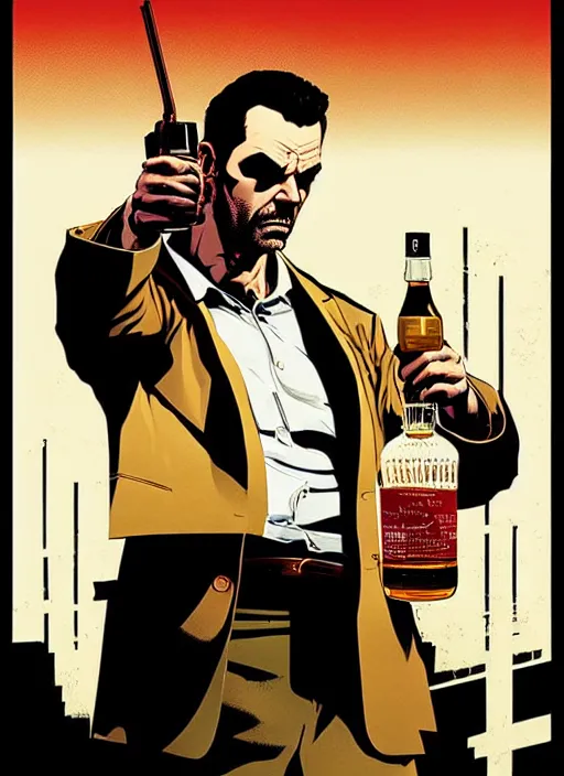 Image similar to poster artwork by Michael Whelan and Tomer Hanuka, a portrait of Max Payne drinking whisky, clean