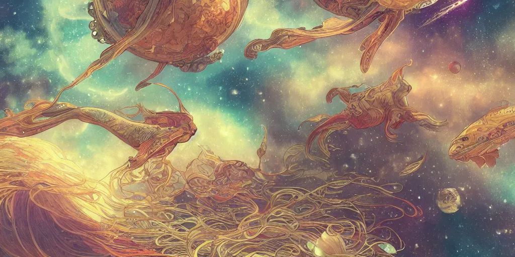 Image similar to !dream highly detailed digital of aquatic animals swimming in space, colorful nebulas , planets in the background, highly detailed, intricate design, cinematic view, 8k resolution, artstation, by Akihiko Yoshida, Alphonse Mucha, Moebius, Krenz Cushart