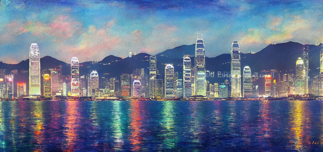 Image similar to Romantic painting of the Hong Kong Skyline