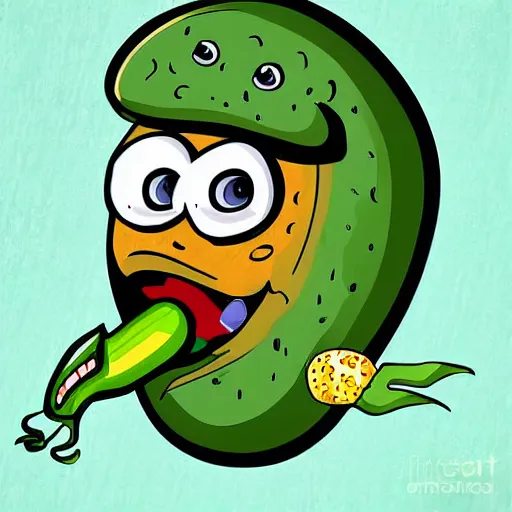 Image similar to Cartoon art of a hungry banana eyes and mouth eating a pickle on remote planet, digital art, realistic,