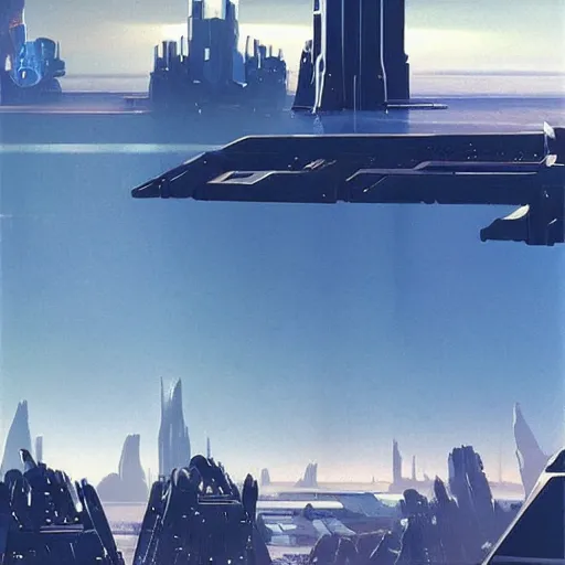 Prompt: futuristic city seen from afar from a wasteland, daylight, blue sky, cinematic lighting, blue sky, syd mead, john harris