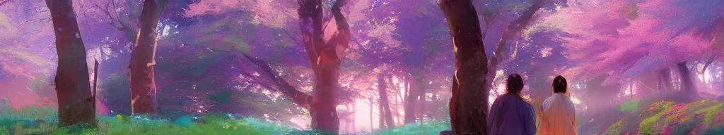 Image similar to spiritual journey through an infinite glowing colorful magical forest, sakura trees, sakura season dynamic lighting, landscape, artwork by jeremy lipkin and giuseppe dangelico pino and michael garmash and rob rey and greg manchess and huang guangjian and makoto shinkai, pixiv, 1 0 0 mm