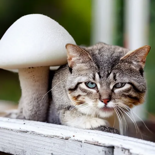 Image similar to a small domestic housecat with a white mushroom growing atop its head