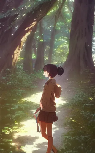 Image similar to anime character in the woods, hyperrealistic, trending on pixiv fanbox, painted by greg rutkowski makoto shinkai takashi takeuchi studio ghibli, akihiko yoshida