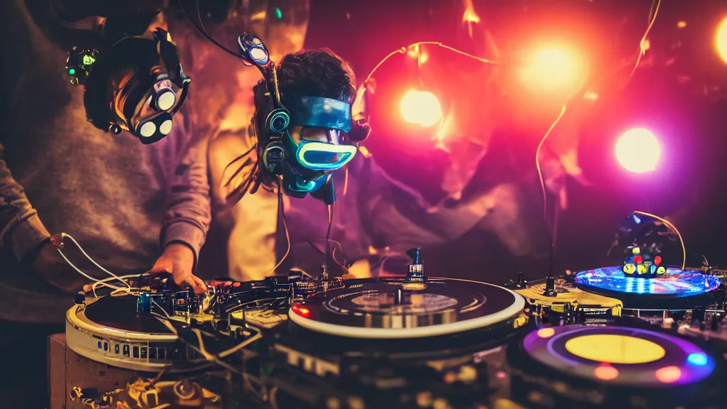 Image similar to a person wearing goggles and visor and headphones using a steampunk record player contraption, wires and tubes, turntablism dj scratching, intricate planetary gears, cinematic, imax, sharp focus, leds, bokeh, iridescent, black light, fog machine, hazy, lasers