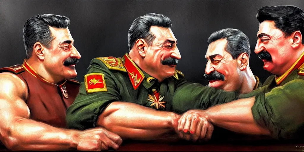 Image similar to arm wrestling between ( ( vladimir putin ) ) and ( ( iosif stalin ) ), hyperrealistic, digital concept art, caricature illustration, art by gaston bussiere