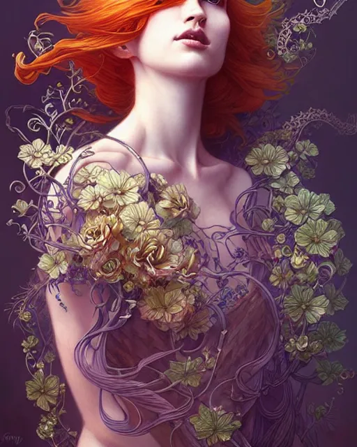 Image similar to Beautiful and playful ethereal ginger portrait, art nouveau, fantasy, intricate flower designs, elegant, highly detailed, sharp focus, art by Maximalism, Artgerm and Greg Rutkowski and WLOP