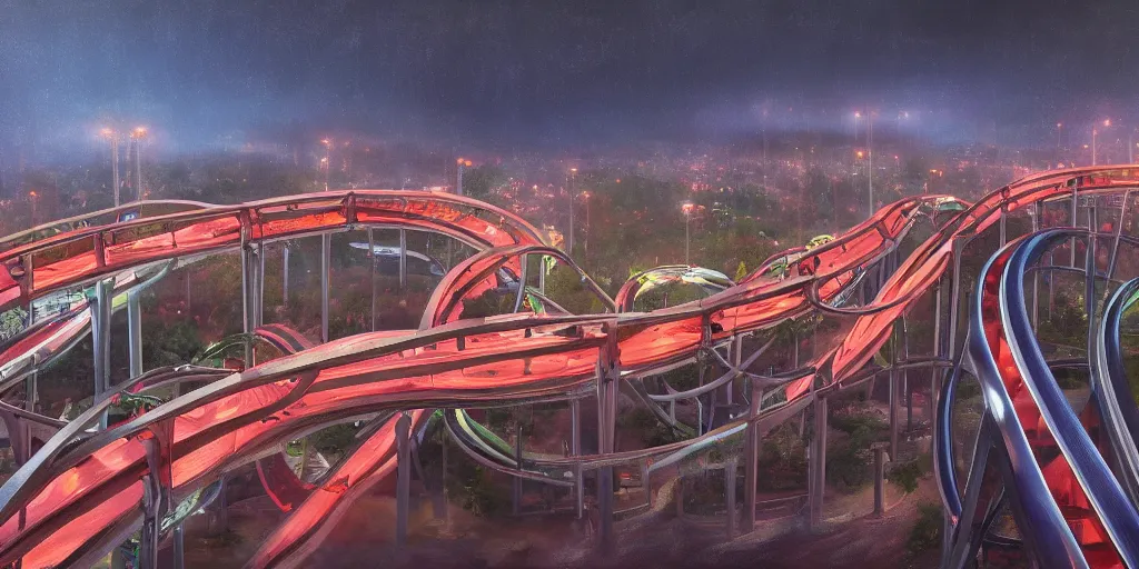 Image similar to a highway that turns into a roller coaster, cinematic lighting, detailed oil painting, hyperrealistic, 8k