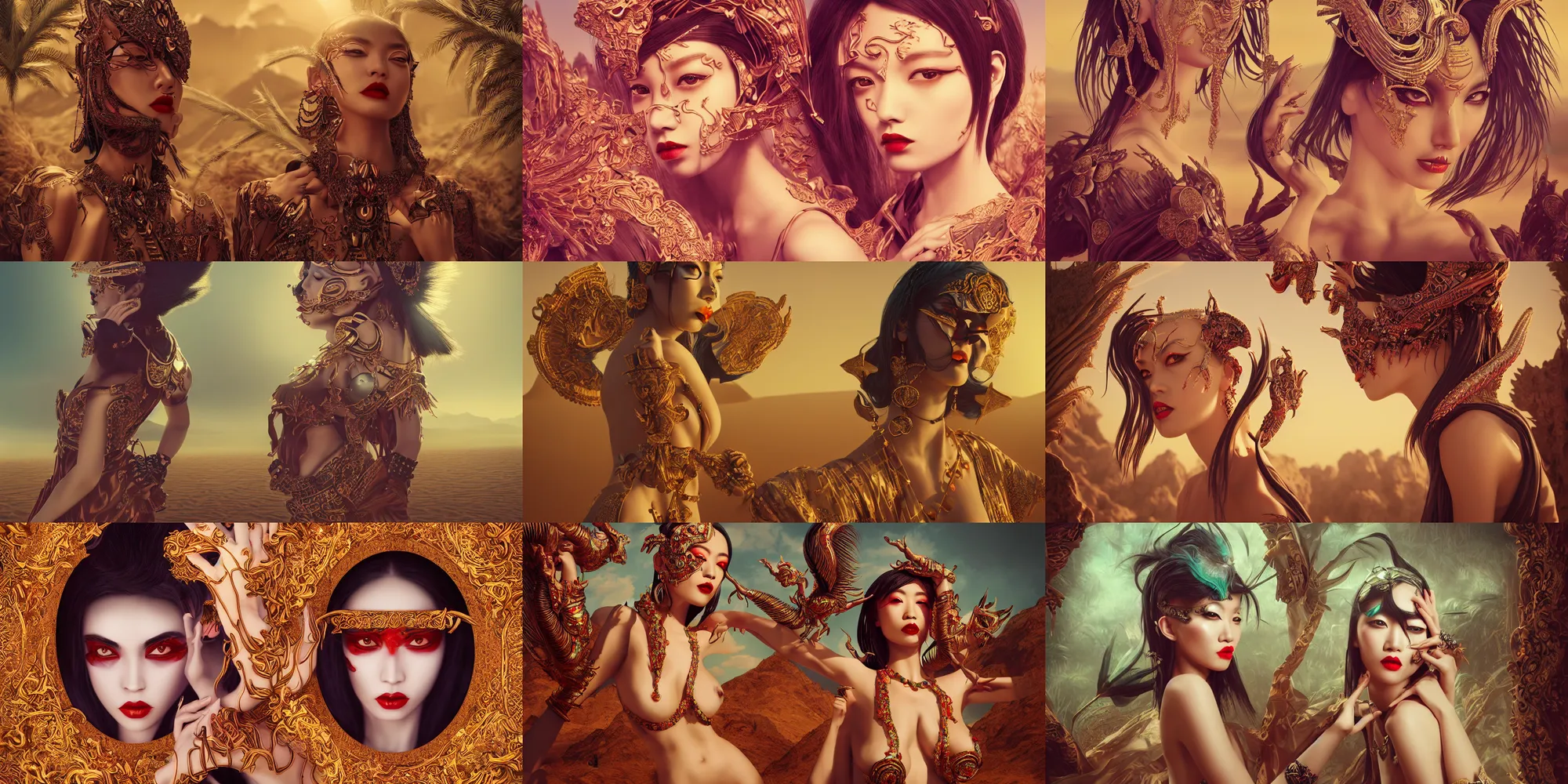 Image similar to giesha demon, innovative avant - garde art, deco fashion, asian women, highly detailed, photorealistic portrait, serene desert setting, crisp quality and light reflections, octane render, taror card with ornate border frame